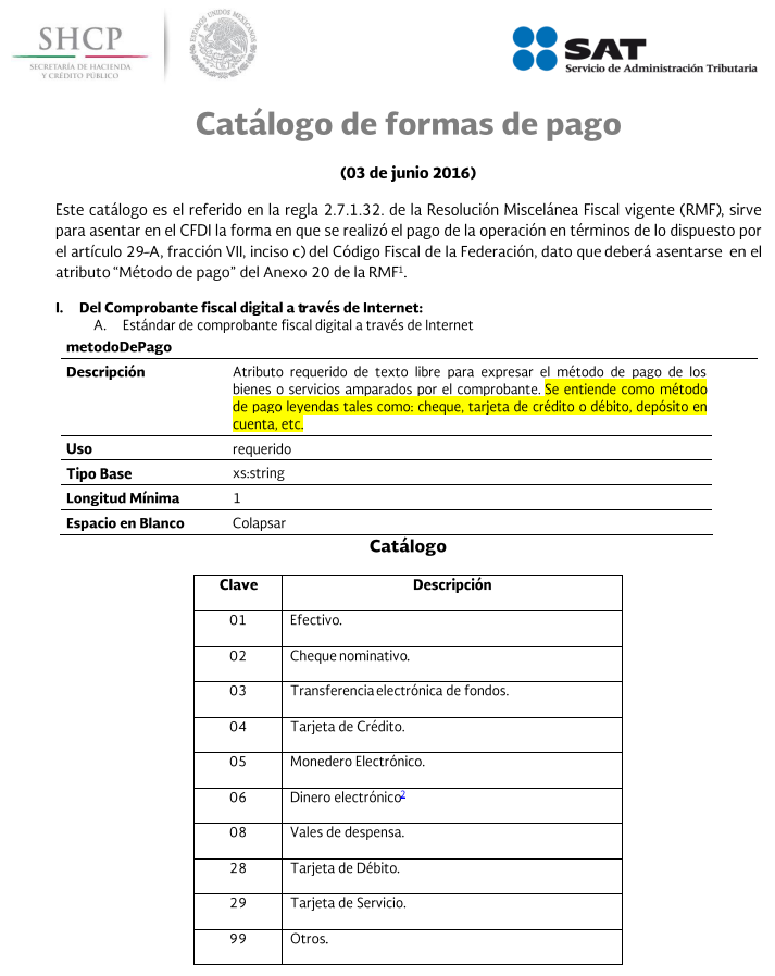 Catalogo Metodos de Pago SAT 15 Julio 2016